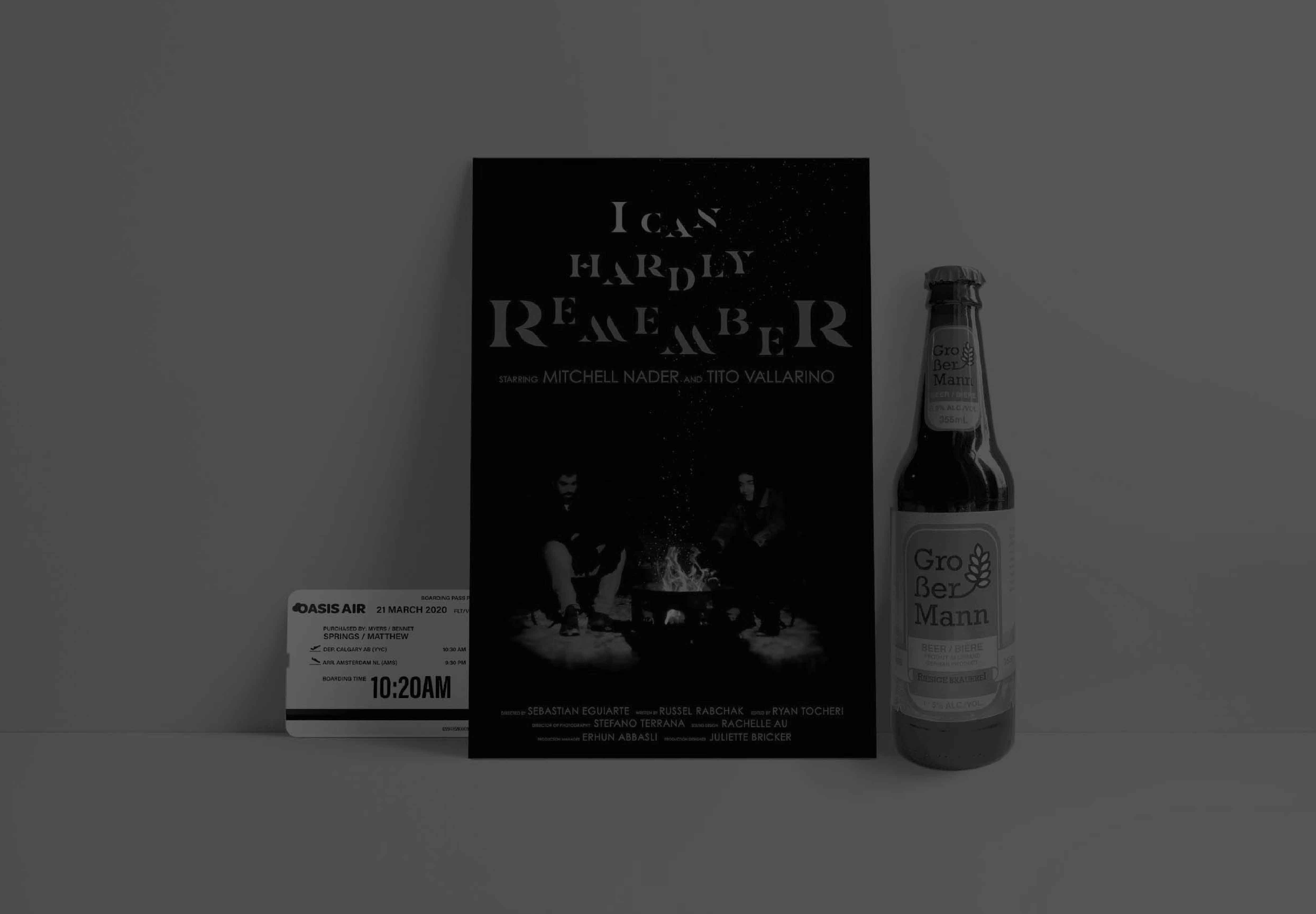 A dark movie poster of two guys sitting around a campfire and a plane ticket and beer bottle beside the poster