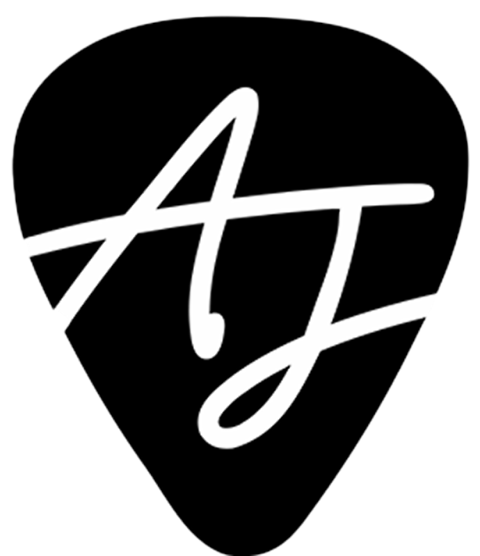 A logo of a guitar pick with AJ in it