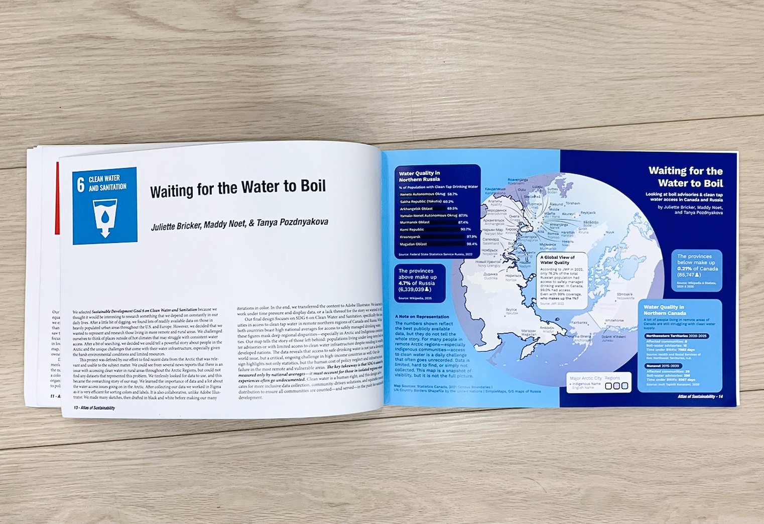 An open atlas on a hardwood floor