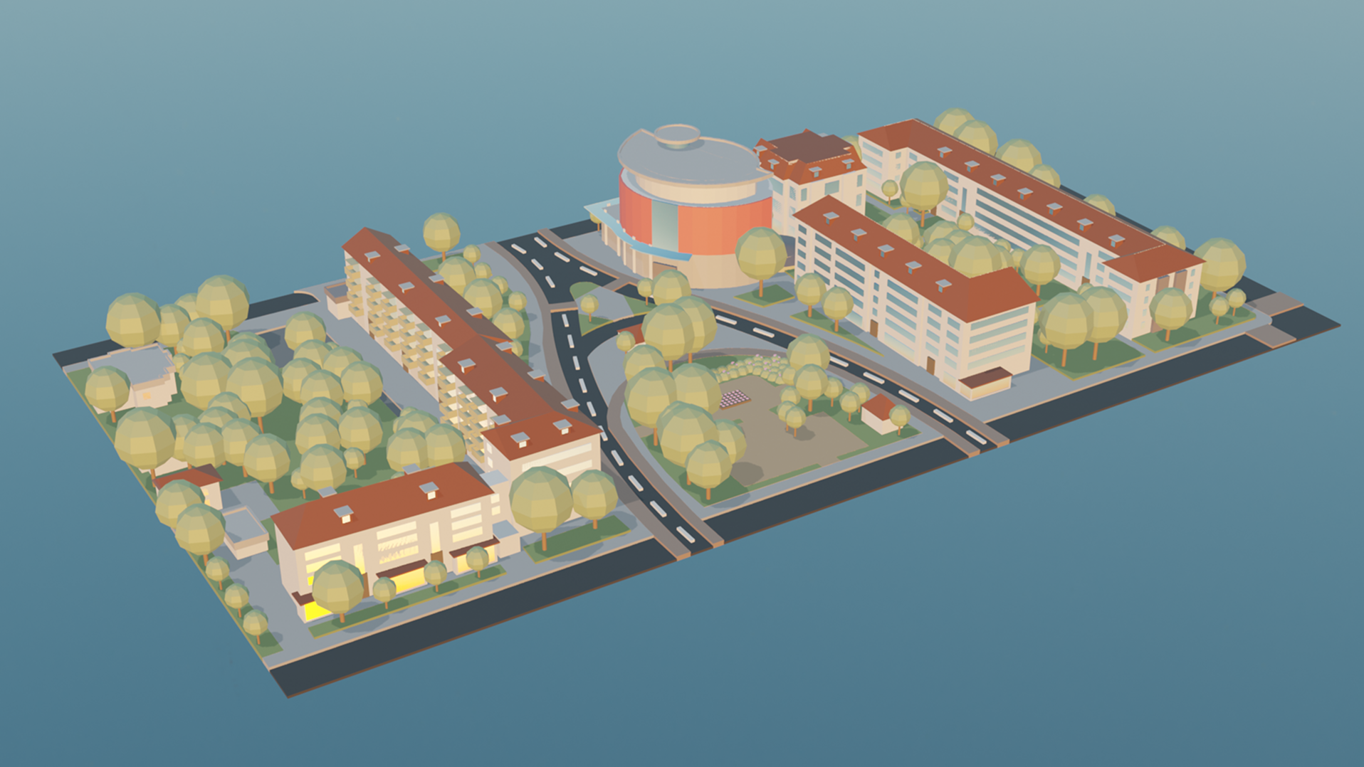 A 3D model of some buildings floating with a blue background
