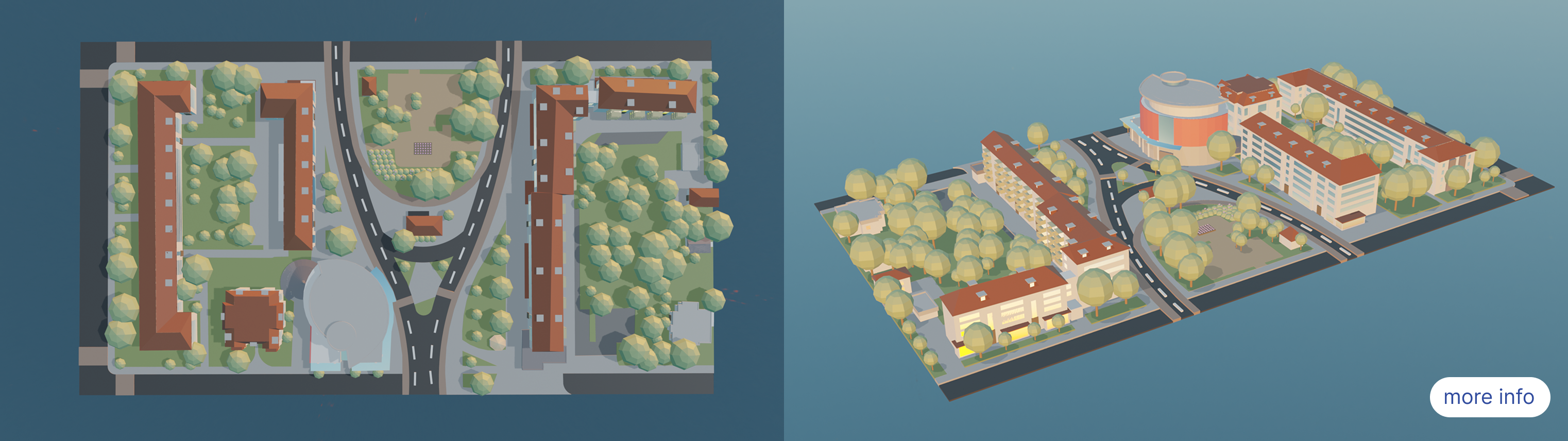 A 3D model of some buildings floating with a blue background