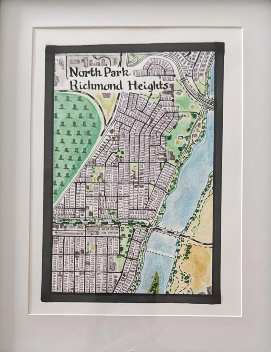A frame with a hand drawn map inside