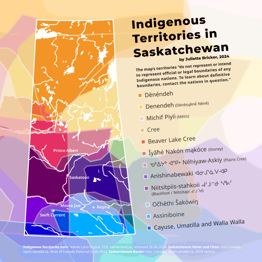 A colourful map outlining overlapping regions of indigenous lands in Saskatchewan, Canada