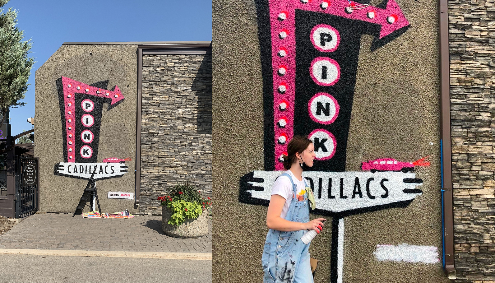 Two photos of a girl spray paining and the result of a pink black and white 50's style mural