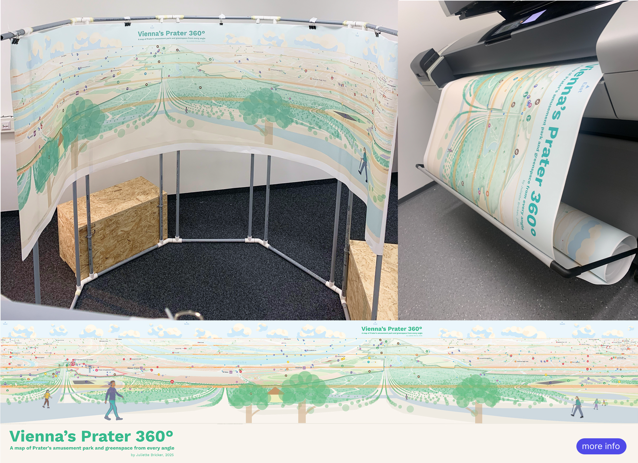A large cylinder structure hanging a paper map along its walls