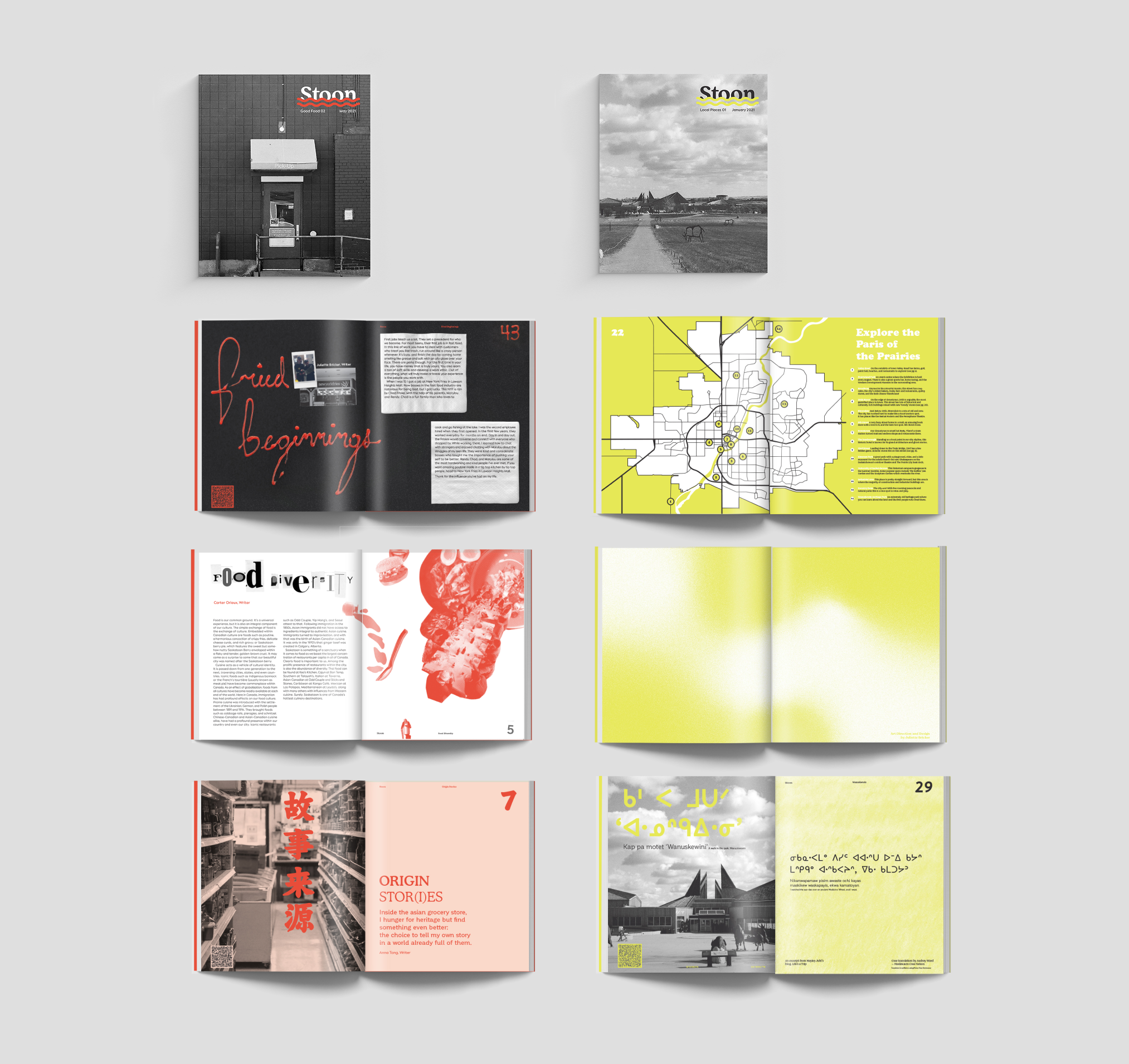 Two black, white, and colour magazine covers with multiple interior page spreads
