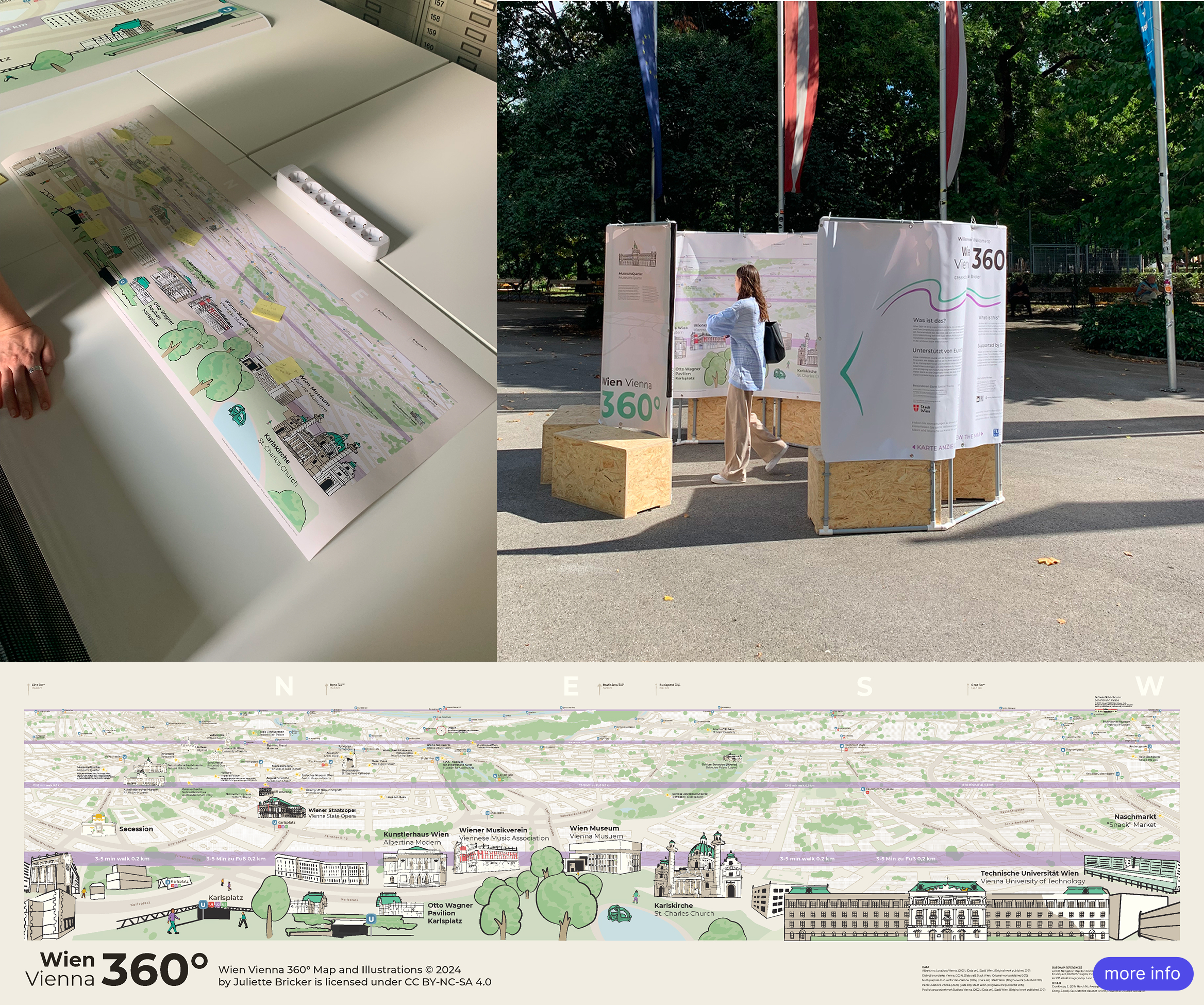 A person walking through a large tube coming out of the ground displaying a map inside